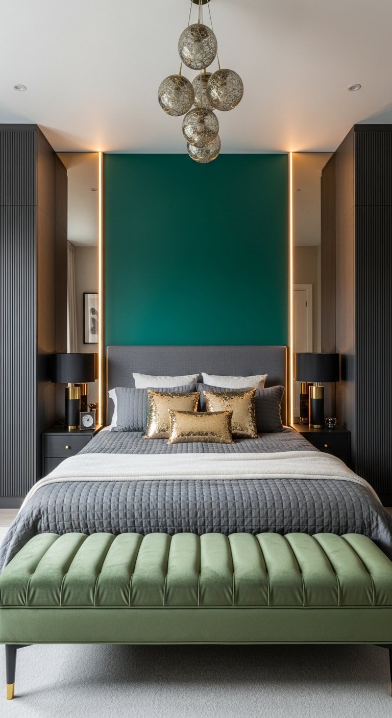 Chambre a coucher luxe moderne avec mur vert emeraude et details dores
