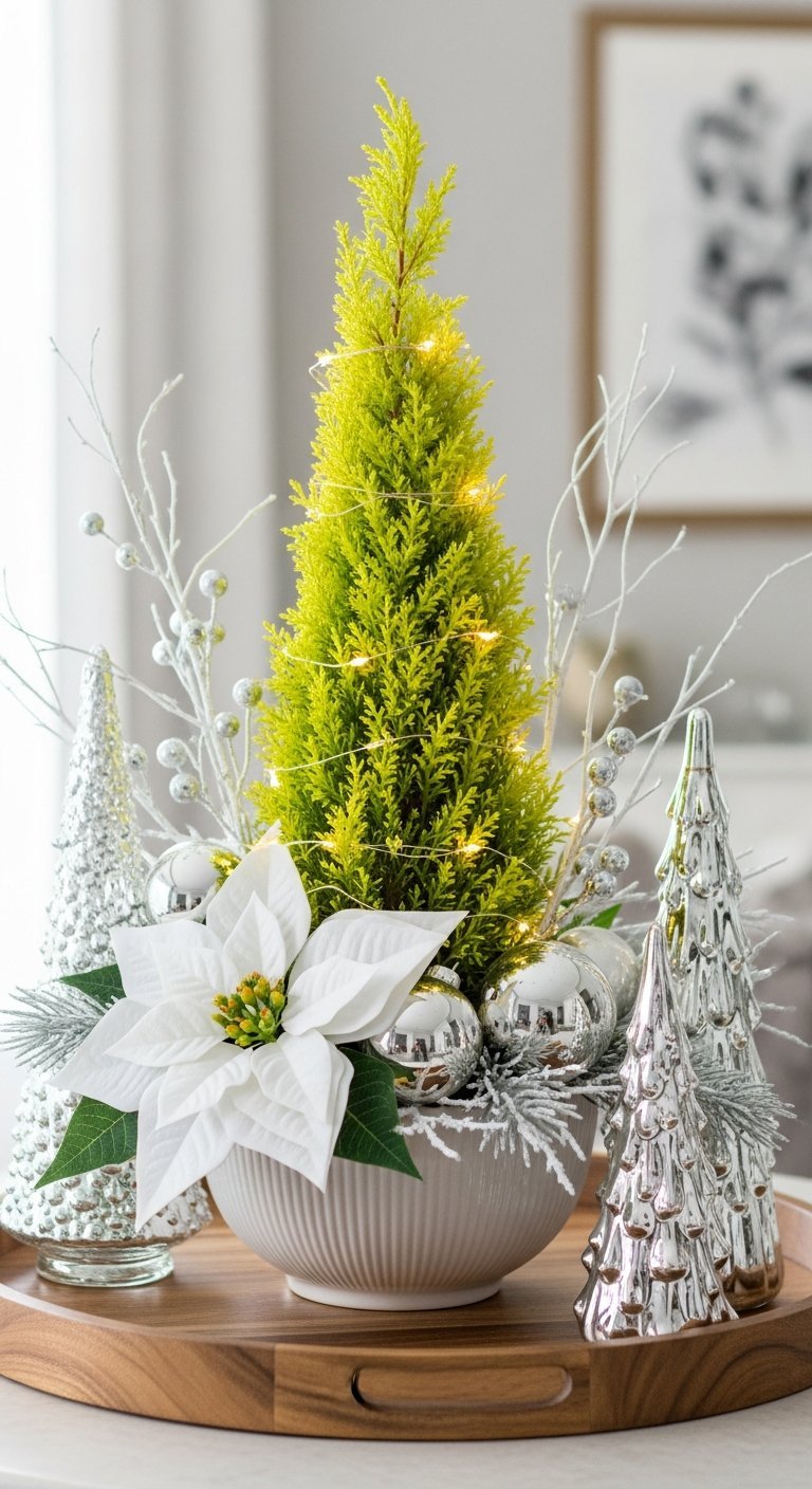 Composition de noel moderne avec poinsettia blanc et sapin
