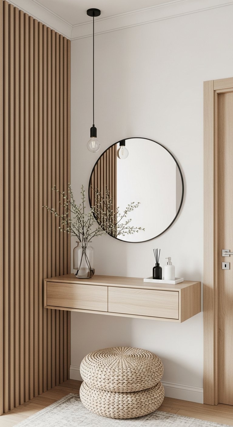 Console flottante en bois avec miroir rond noir et pouf en osier