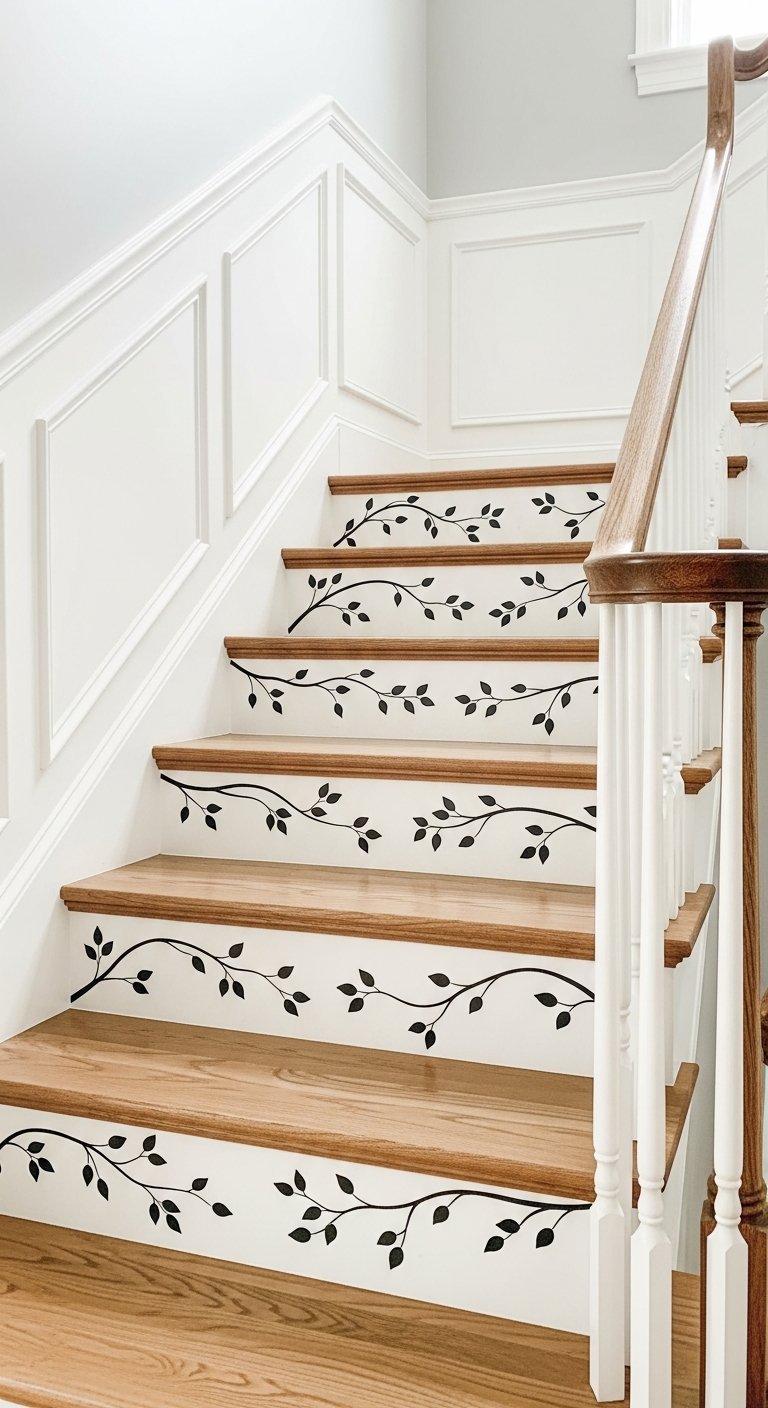 Escalier blanc avec des motifs de vigne noirs peints au pochoir sur les contremarchesu