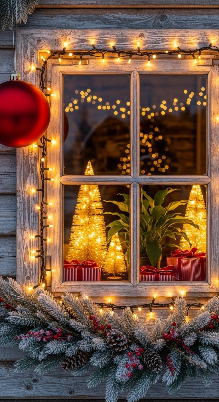Fenêtre en bois rustique décorée de guirlandes lumineuses et boule rouge