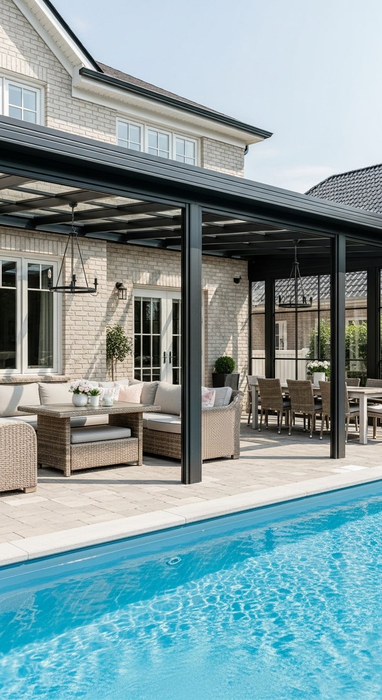 Grande véranda terrasse au bord de la piscine avec mobilier en rotin