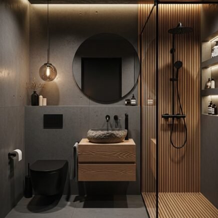 Mur beton gris tasseaux bois verticaux