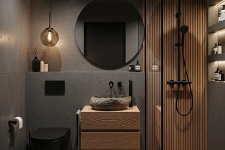 Mur beton gris tasseaux bois verticaux