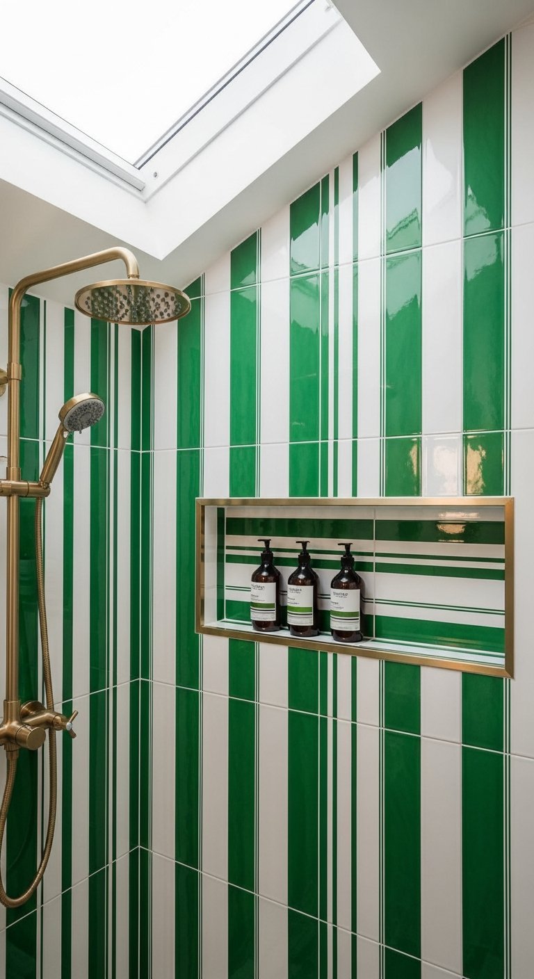 Niche de douche horizontale doree sur carrelage a rayures vertes et blanches