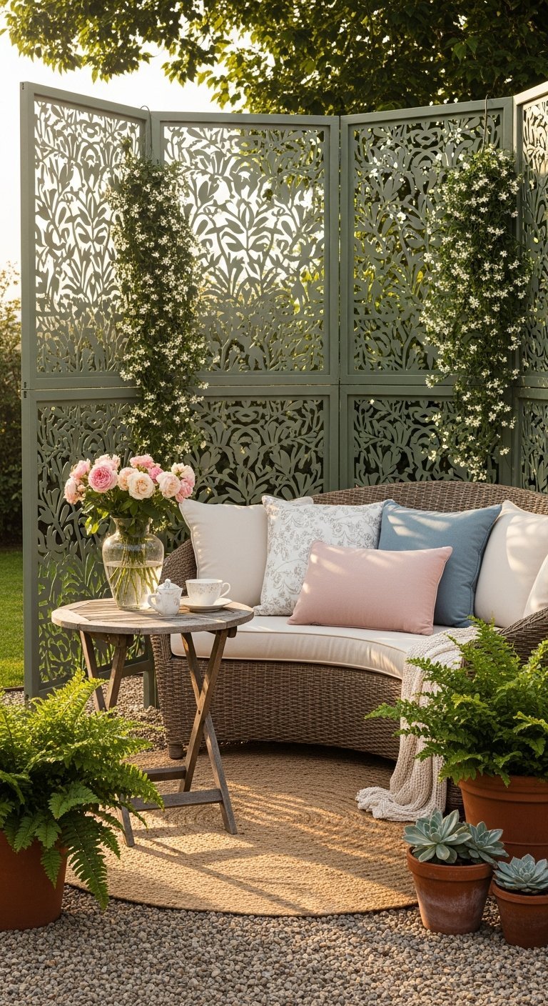 Panneaux brise vue en metal vert fonce avec canape en rotin et plantes