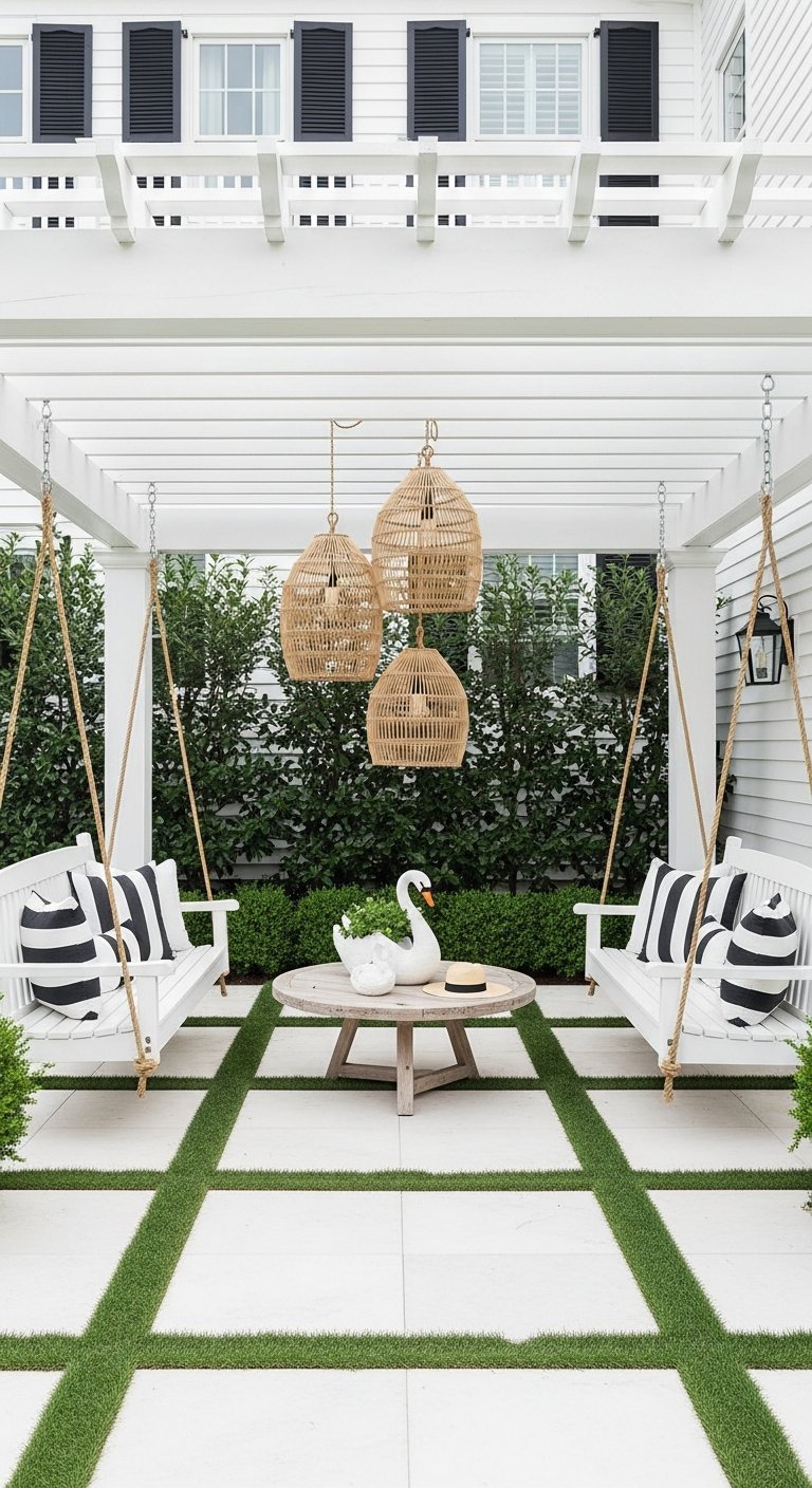 Pergola blanche avec deux balancelles blanches et suspensions en rotin