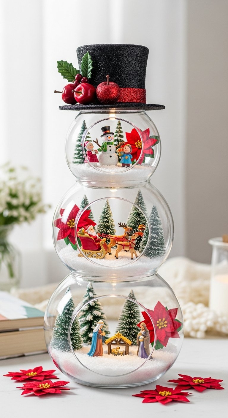 Rampe escalier décorée avec des lutins glissant sur de la fausse neige