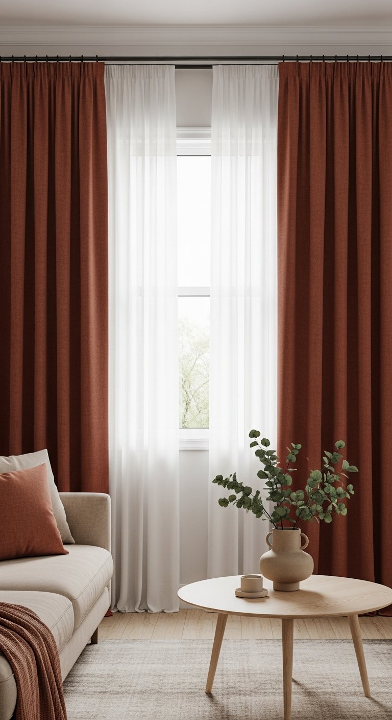 Rideaux de salon epais couleur terre cuite avec voilage blanc