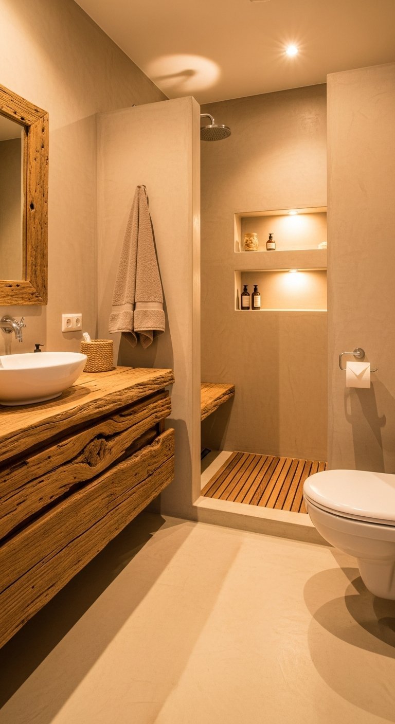Salle de bain beton cire beige avec meuble en bois brut rustique
