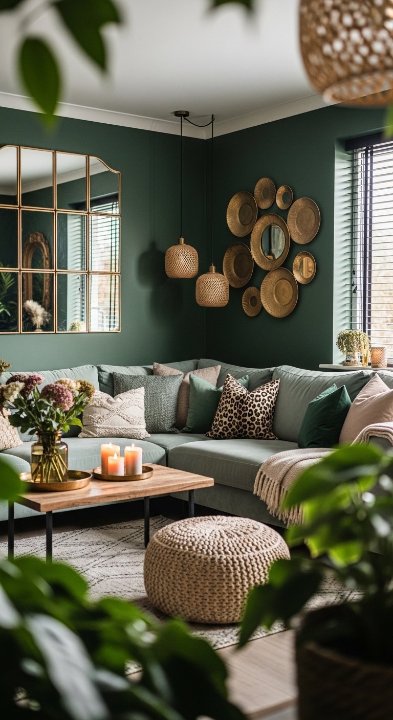 Salon boheme avec murs vert olive canape d angle et decoration murale en laiton