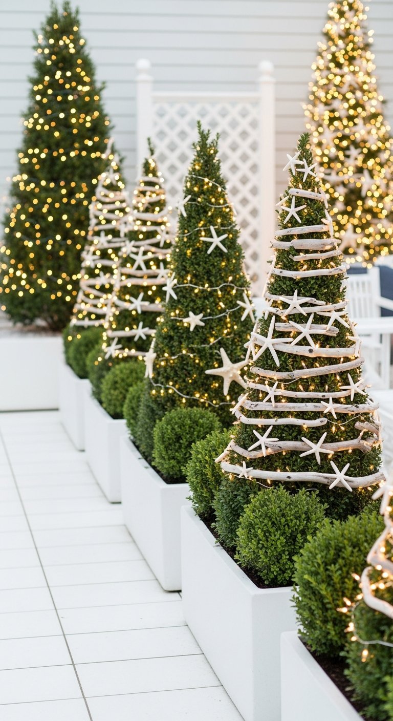 Sapins topiaires décorés avec étoiles de mer et bois flotté