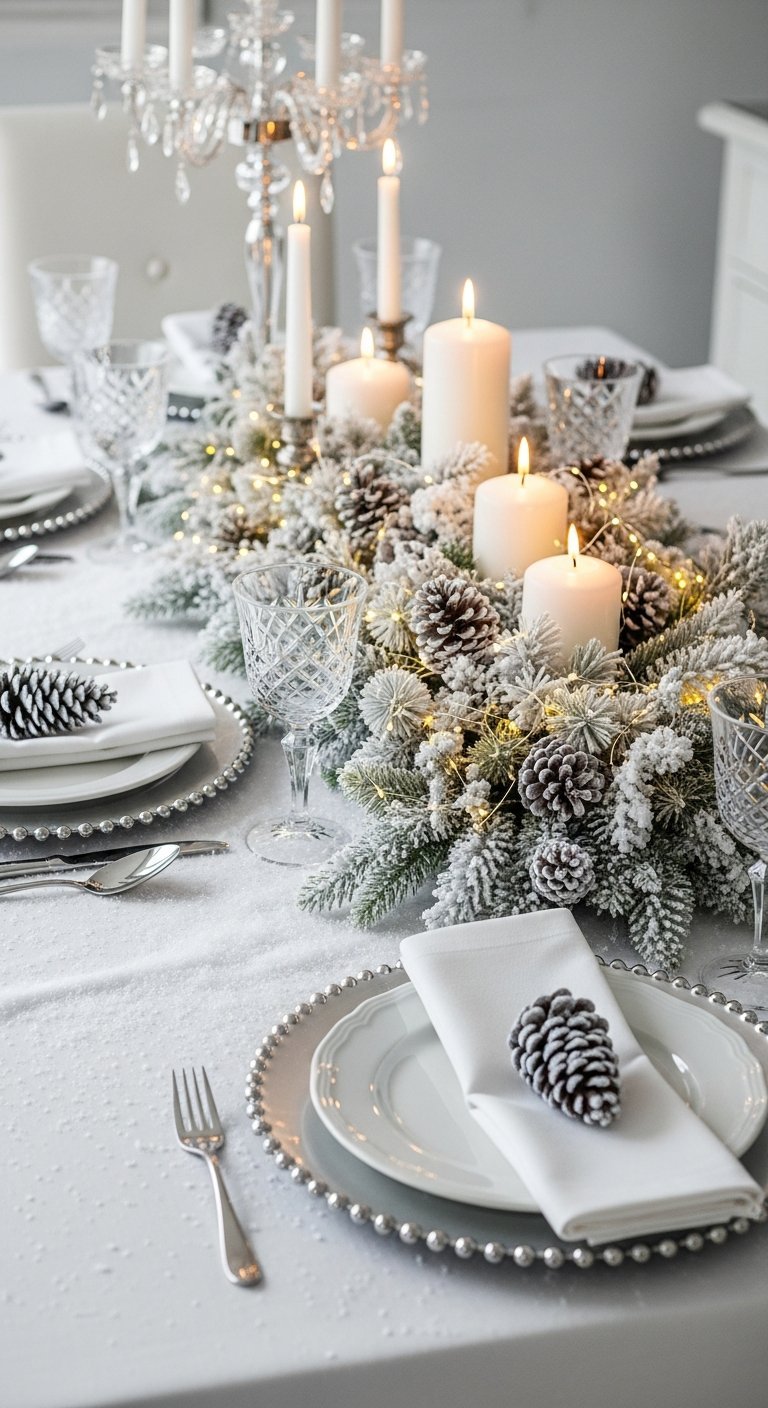 Table de Noel blanche avec centre de table guirlande enneigee et bougies