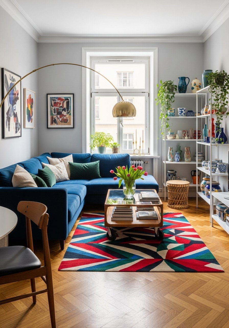 canape bleu lampe arc