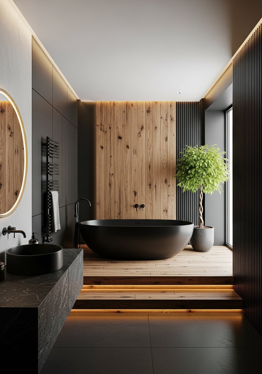 Baignoire noire sur estrade bois lumineuse