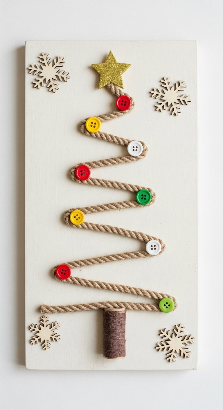 Bricolage de sapin de noel avec corde et boutons colores sur panneau de bois