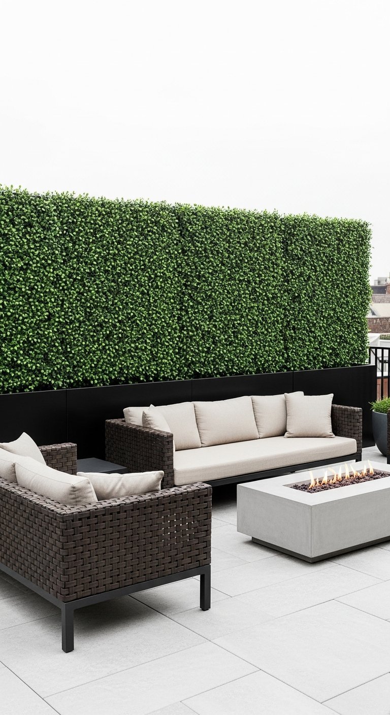 Brise vue terrasse avec haie vegetale artificielle sur un rooftop moderne