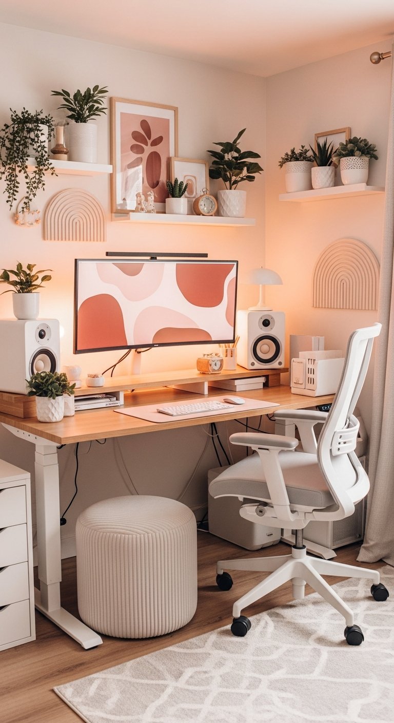 Bureau de travail à la maison tons chauds et bureau assis debout