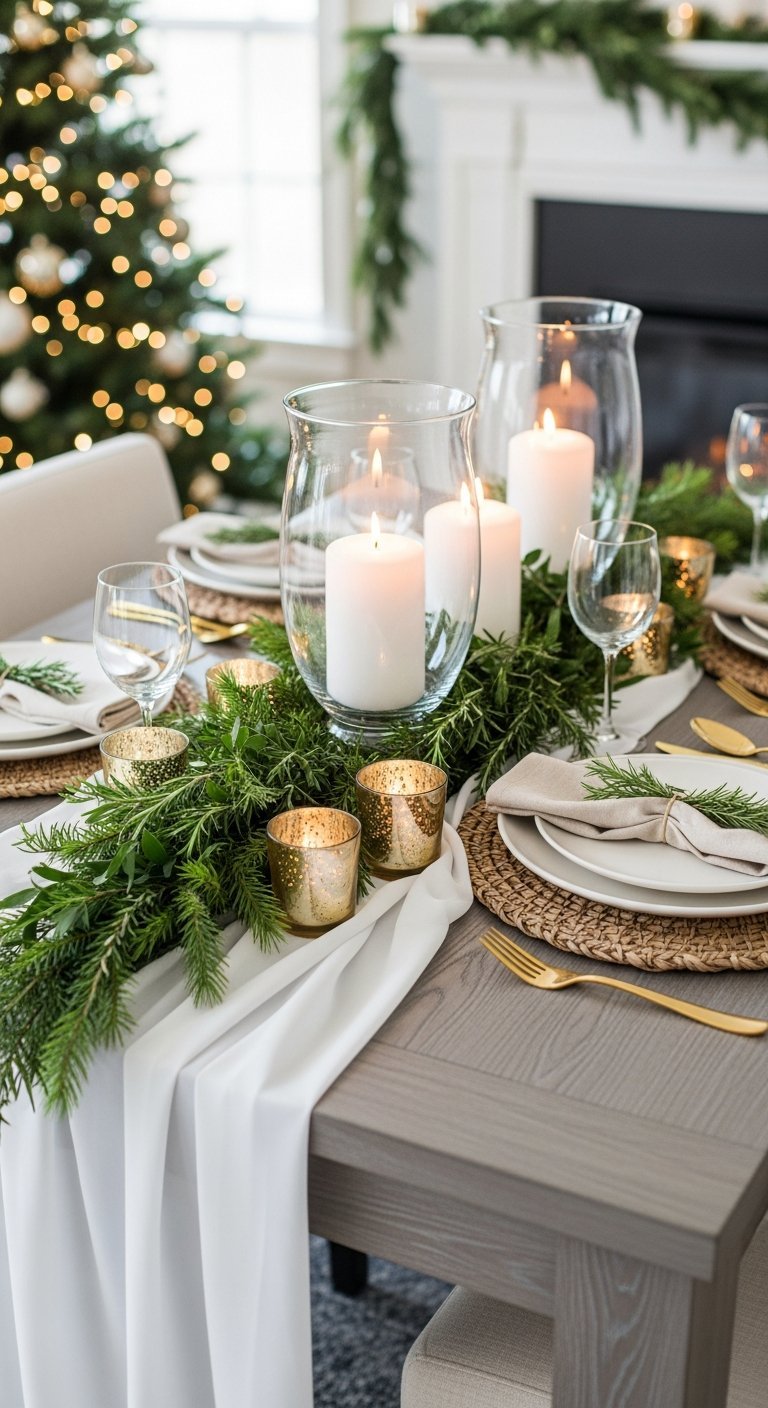 Centre de table de Noel avec verdure bougies et touches dorees sur nappe blanche