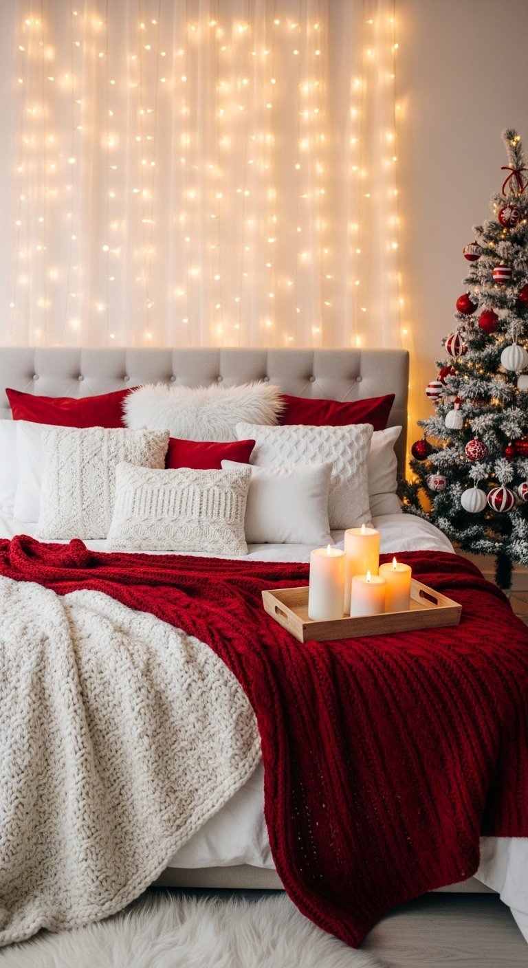 Chambre à coucher décorée pour Noel avec lumières et plaids rouges