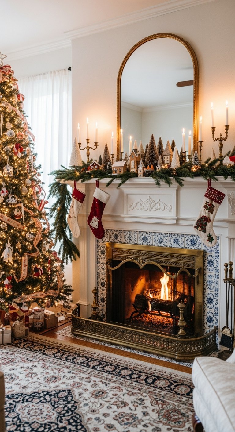Cheminee blanche traditionnelle avec miroir dore et village de Noel