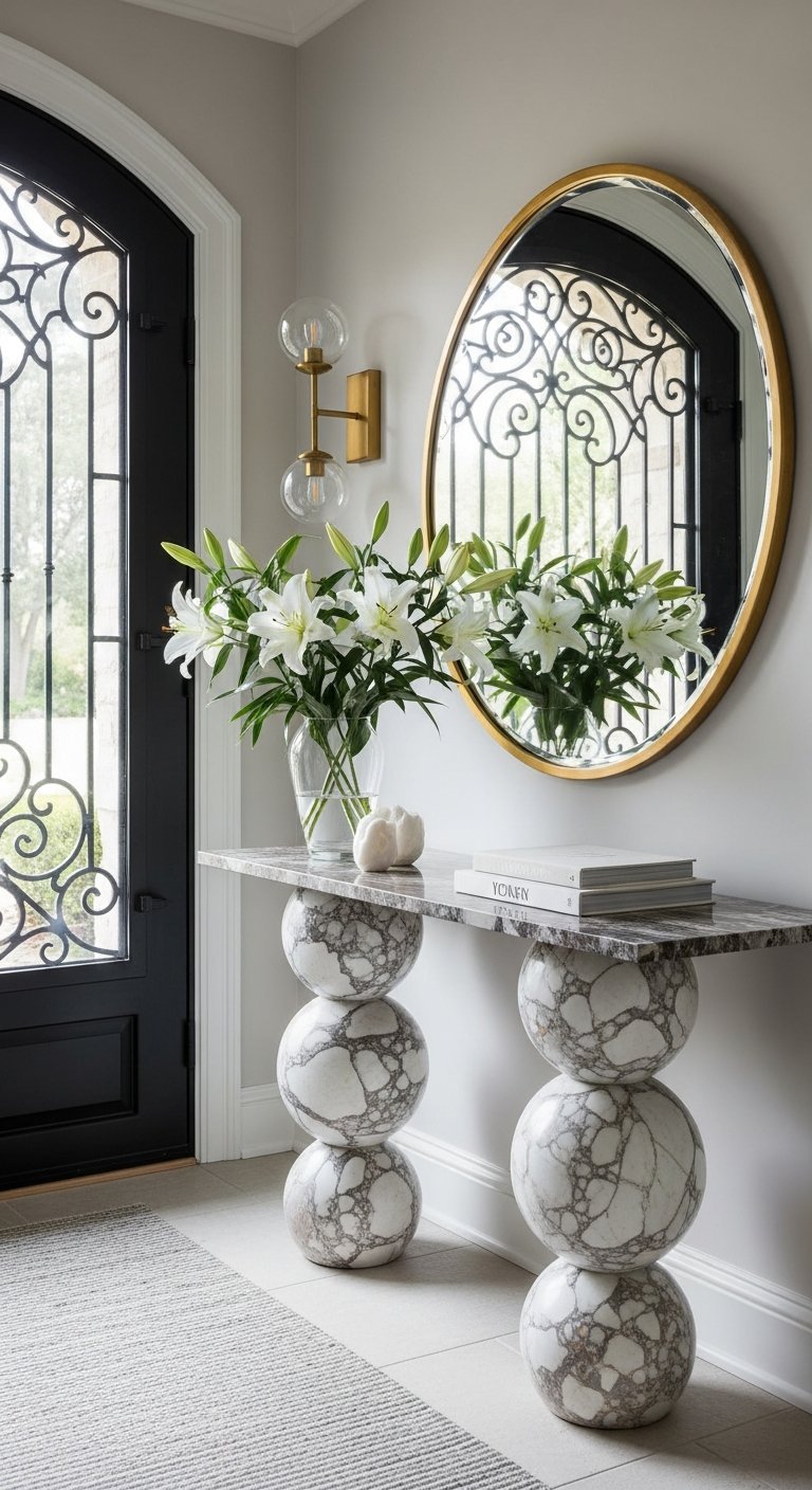 Console en marbre a pieds ronds avec miroir dore et porte noire