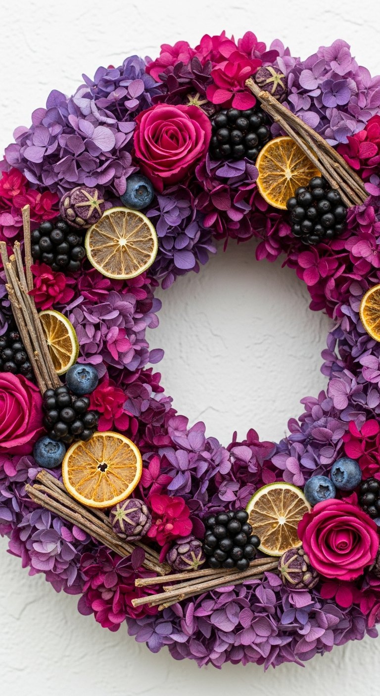 Couronne de Noel moderne en fleurs sechees violettes et roses avec agrumes