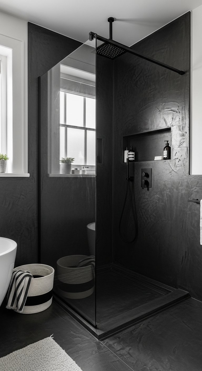 Douche a litalienne en beton cire noir avec robinetterie noire