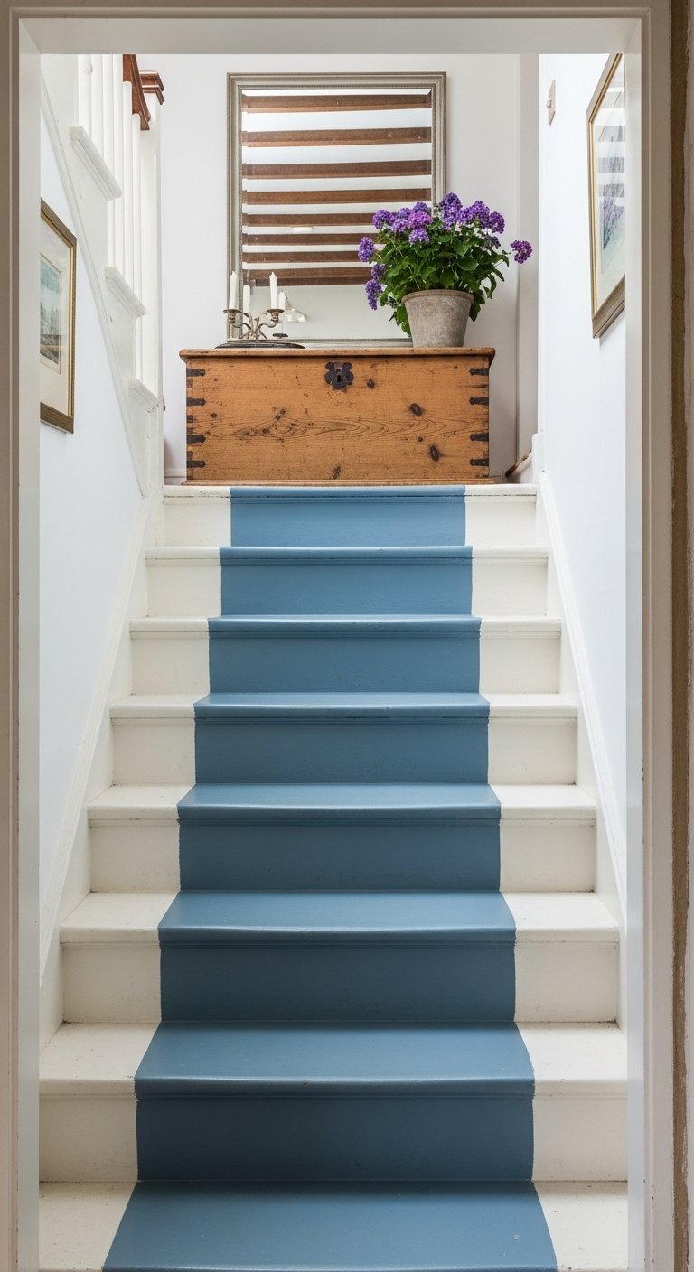 Escalier blanc avec une bande de peinture bleue centrale imitant un tapis de passage