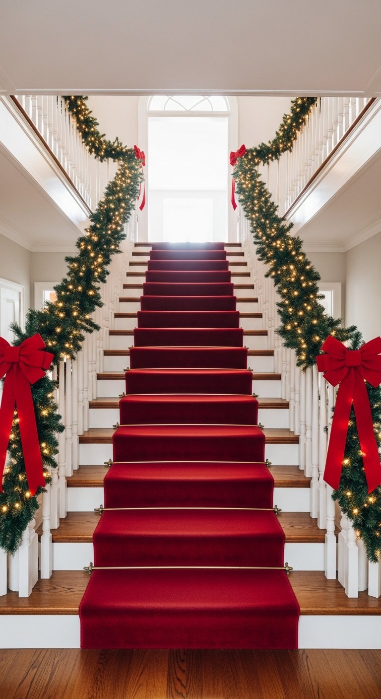 Grand escalier double avec tapis rouge et guirlandes de noël symétriques