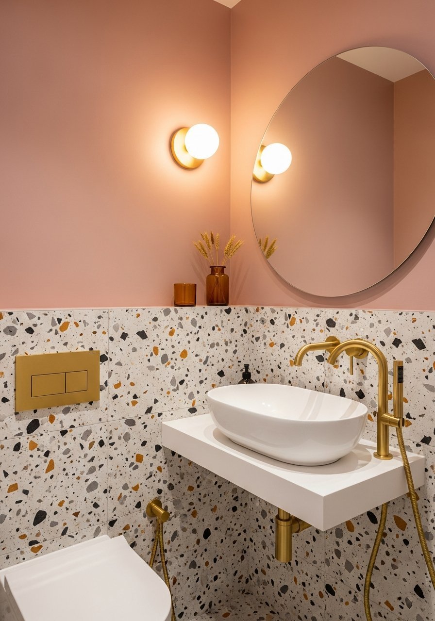 Mur rose robinetterie doree