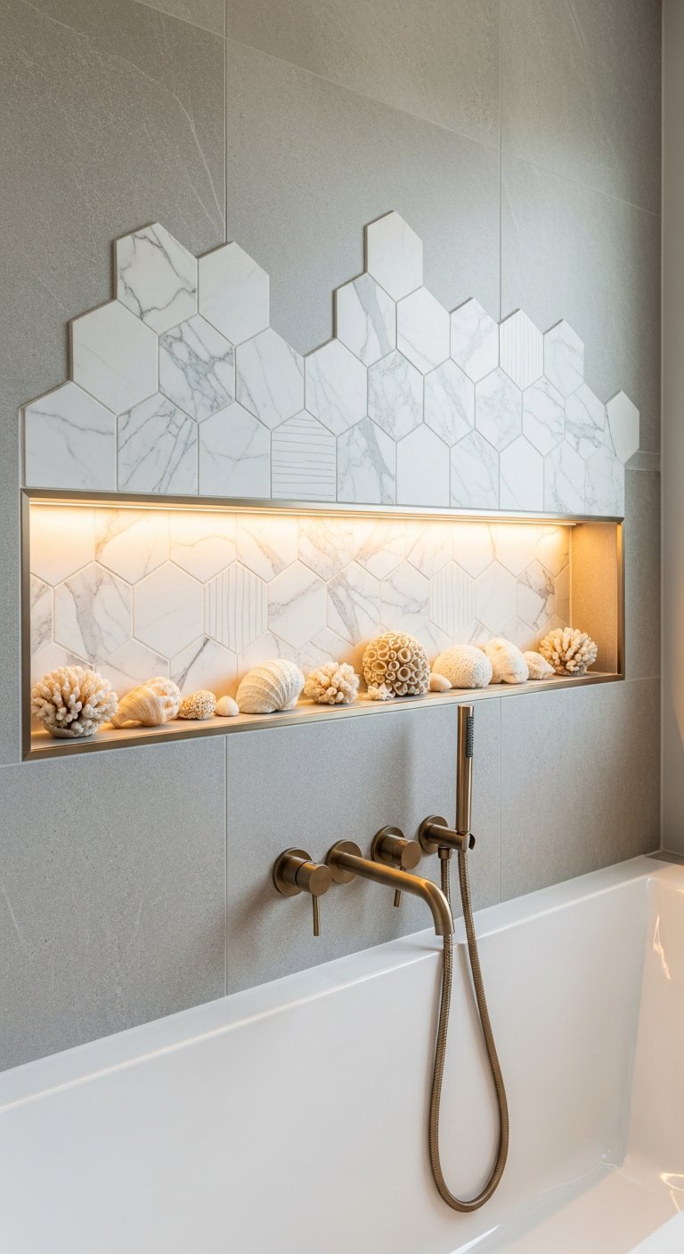 Niche de baignoire eclairee avec fond en carrelage hexagonal effet marbre