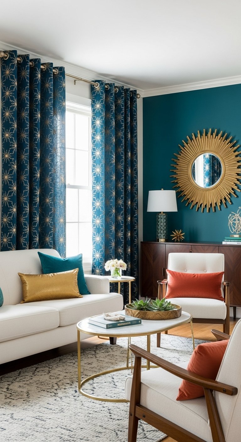 Rideaux de salon bleu canard avec motifs etoiles dorees