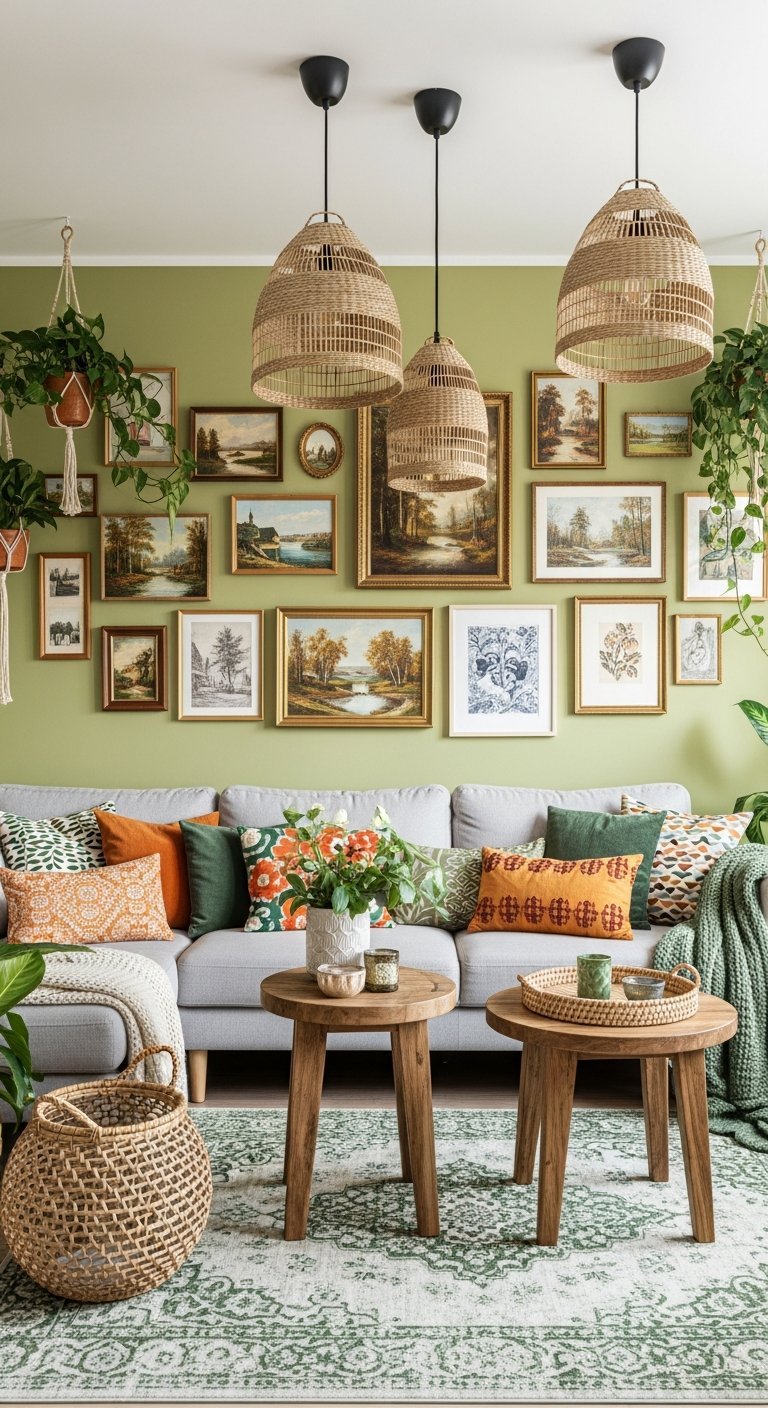 Salon avec mur vert olive et galerie de tableaux vintage au dessus d un canape gris