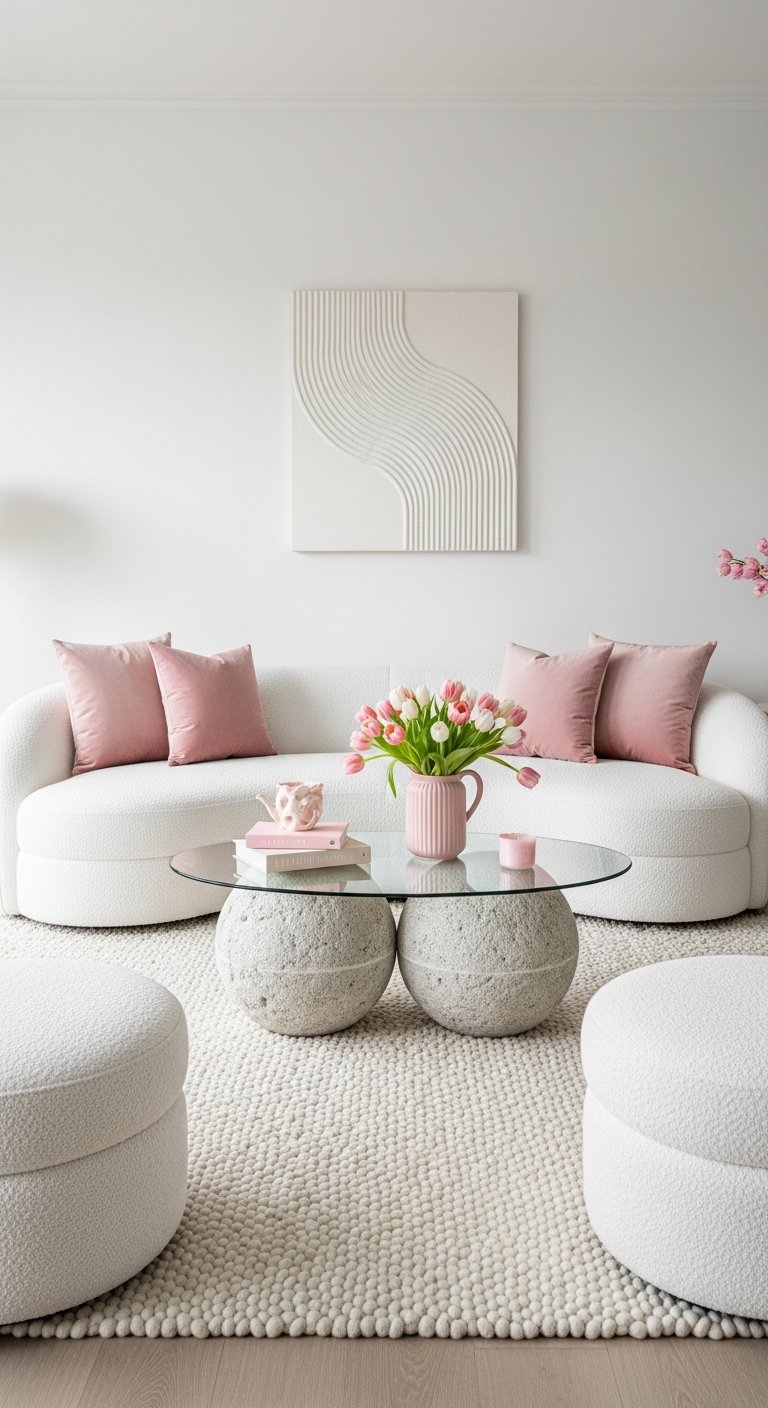 Salon doux avec canapé arrondi et tables en pierre