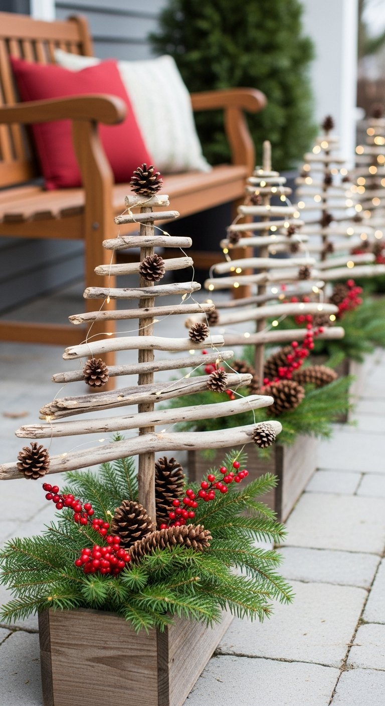 Sapins DIY en bois flotté avec pommes de pin et baies