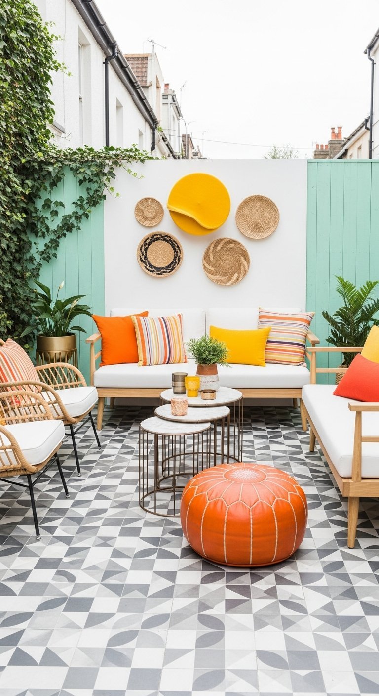 Terrasse bohème colorée avec pouf orange carrelage graphique et mobilier en bois