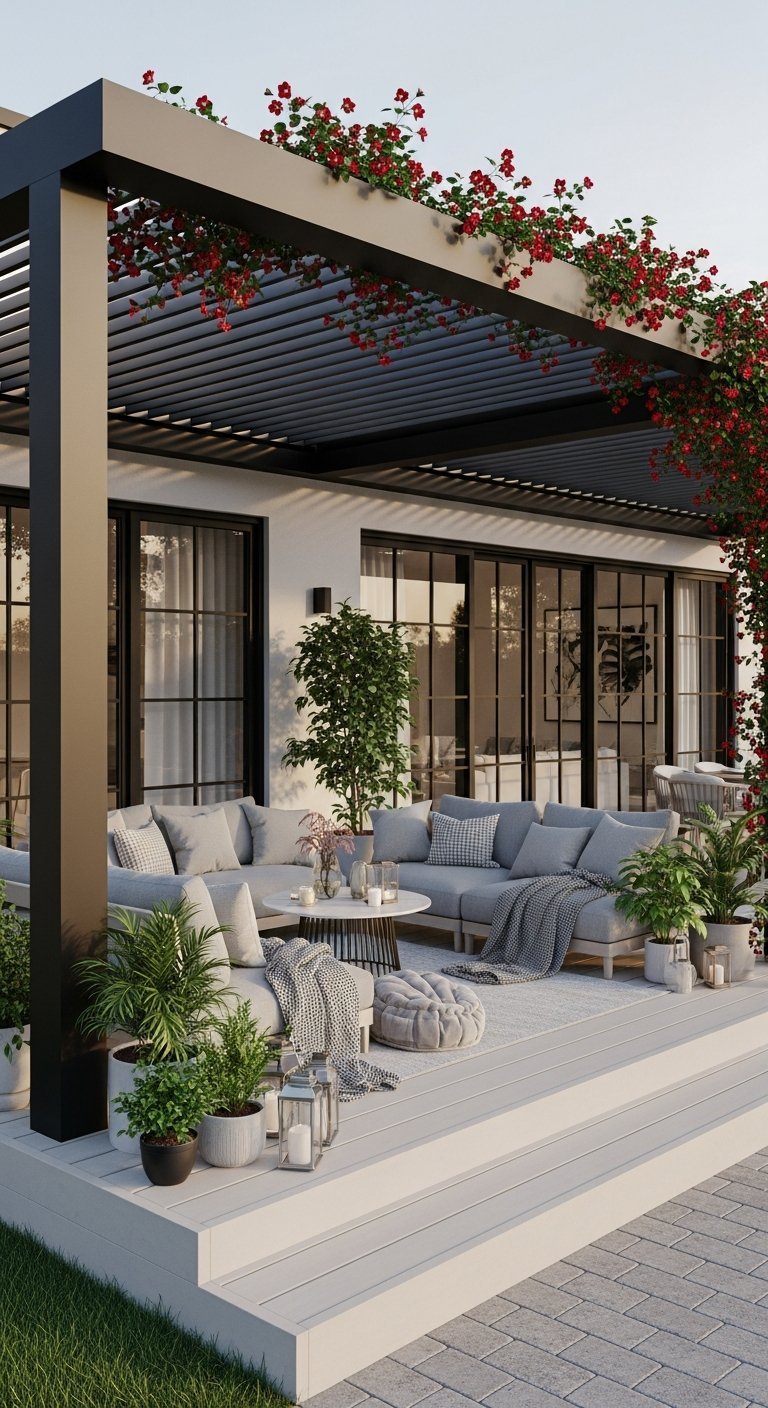 Terrasse couverte style véranda avec grand canapé gris et plantes