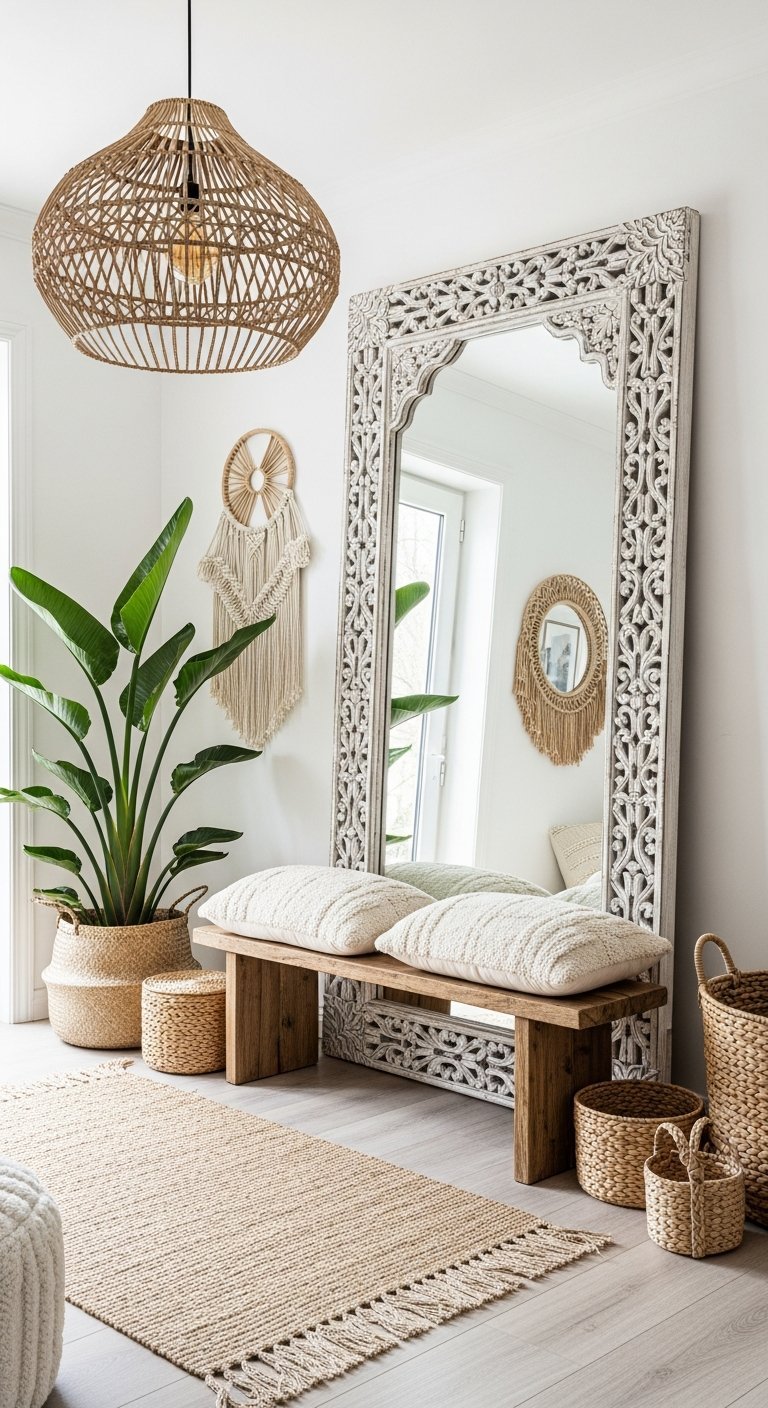 Très grand miroir au sol avec cadre en bois sculpté blanc de style bohème