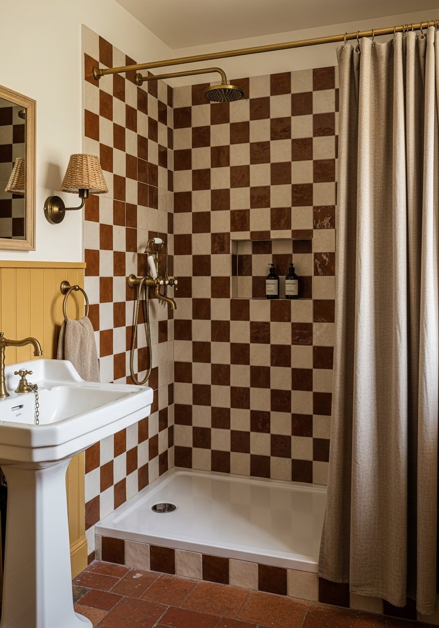 douche motif damier zellige terre cuite