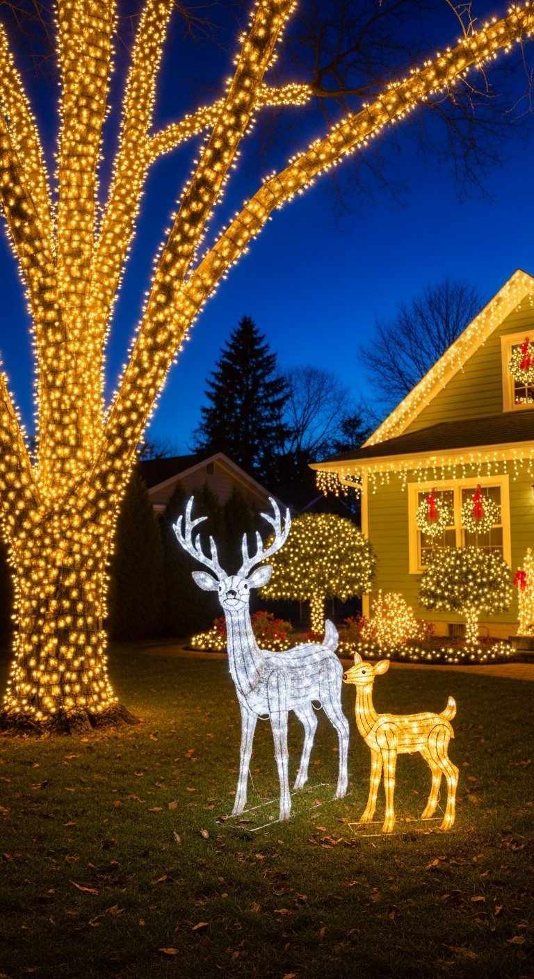 Arbre enroulé de lumières de Noël avec cerfs lumineux
