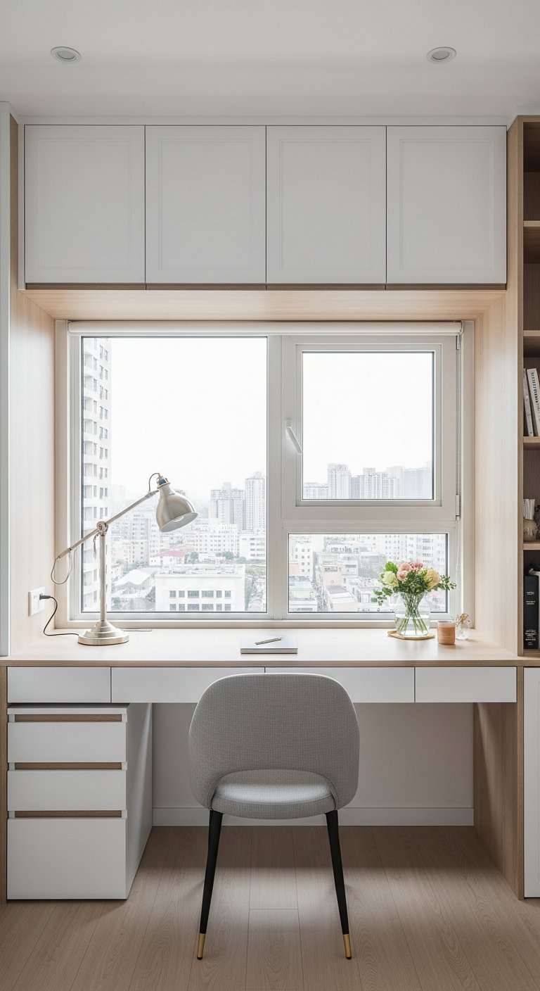 Bureau de travail à la maison encastré devant fenêtre vue ville