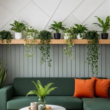 Canape vert fonce devant un mur bicolore avec etagere en bois pleine de plantes