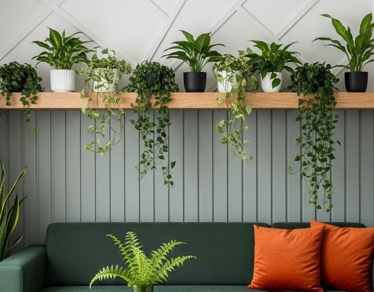 Canape vert fonce devant un mur bicolore avec etagere en bois pleine de plantes