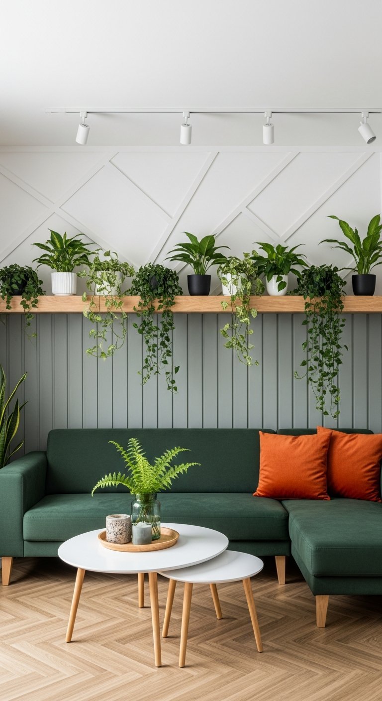 Canape vert fonce devant un mur bicolore avec etagere en bois pleine de plantes