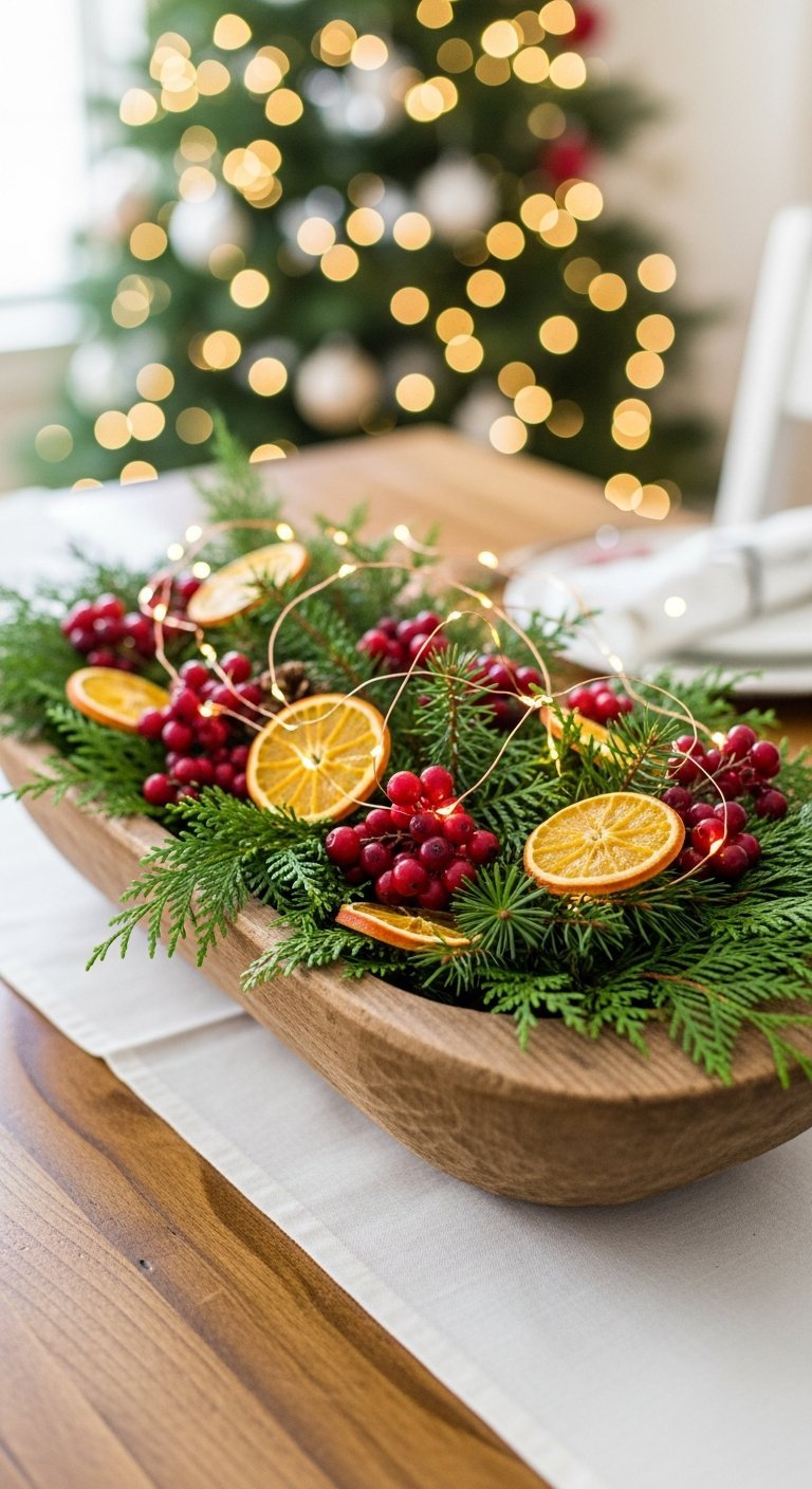 Centre de table noel naturel dans un bol en bois avec oranges