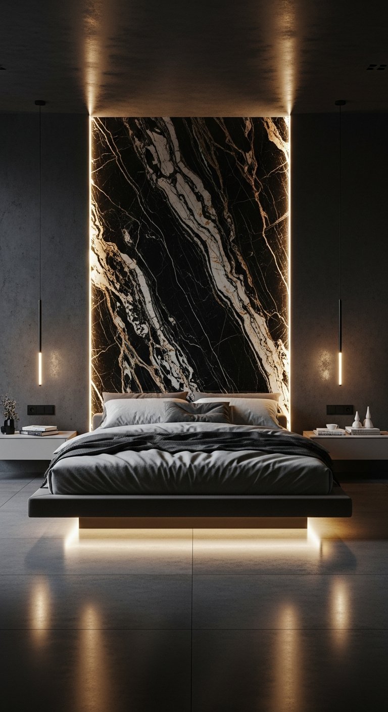 Chambre a coucher luxe minimaliste avec mur en marbre noir retro eclaire et lit flottant