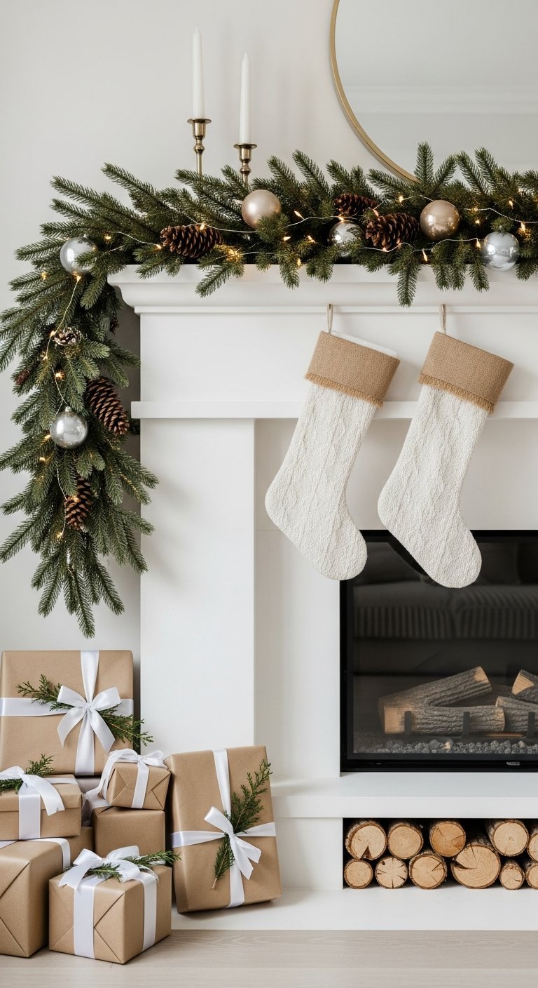 Cheminee blanche moderne avec guirlande de sapin naturelle et chaussettes en toile de jute