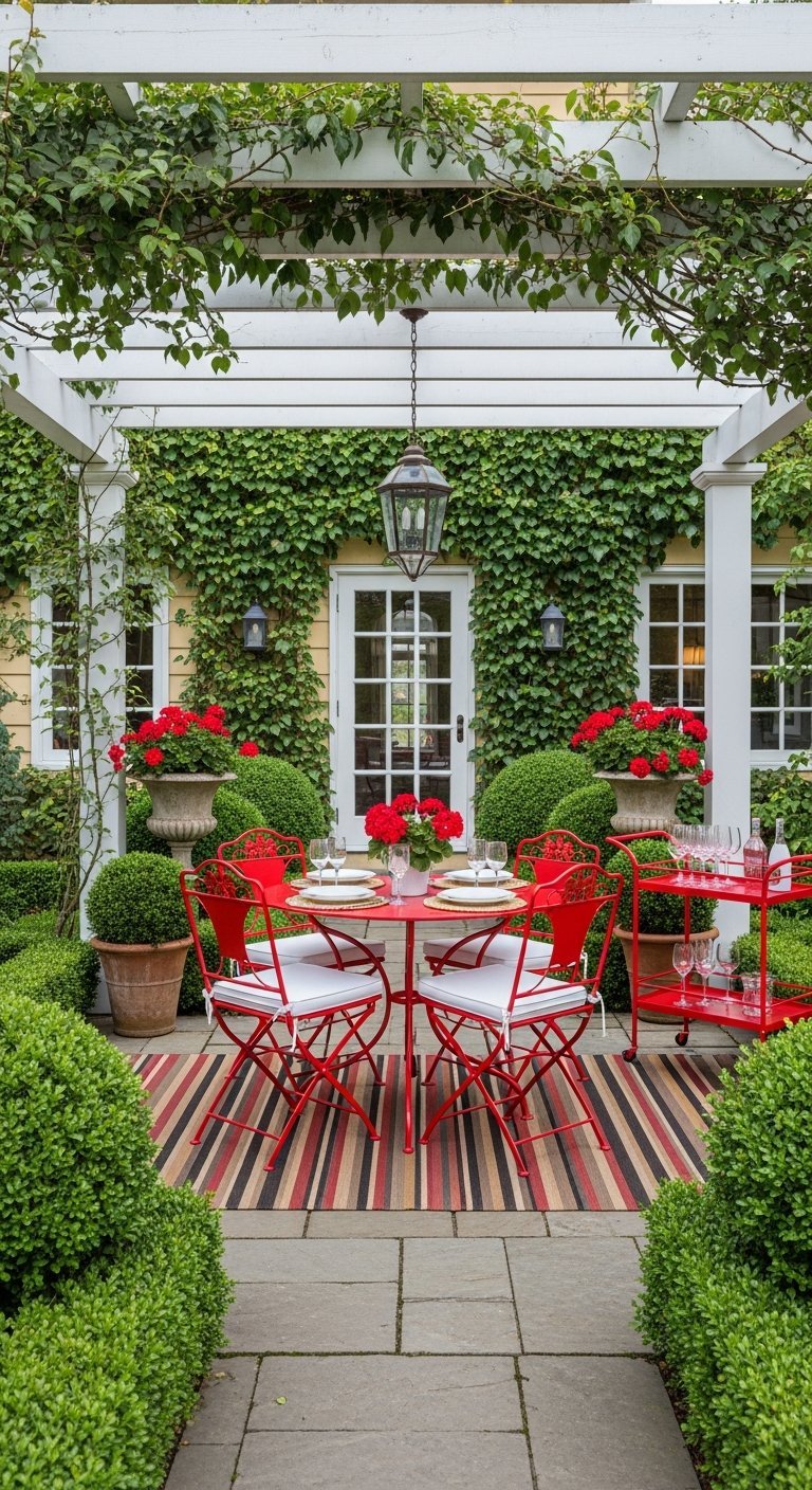 Coin repas extérieur avec table et chaises de bistrot rouges sous une pergola