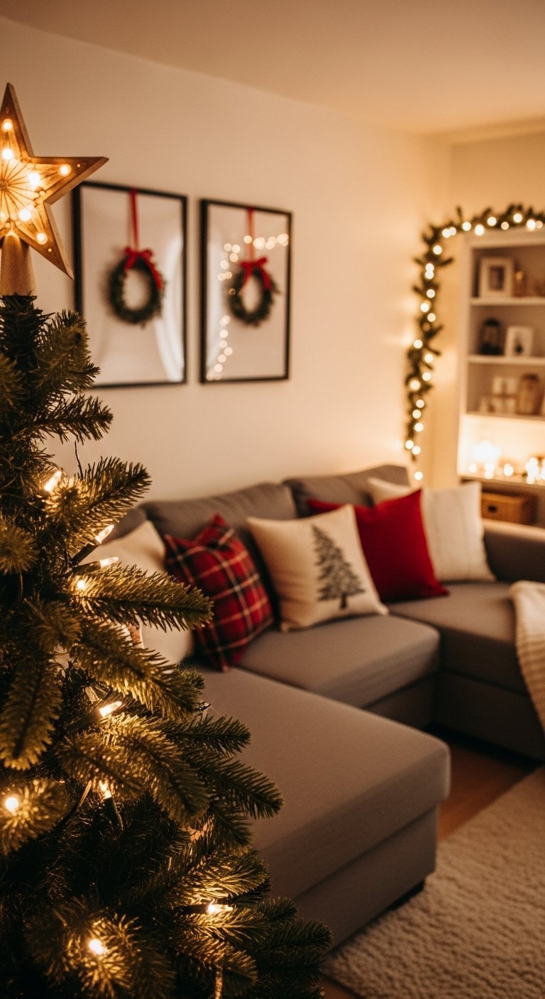 Coin salon intime avec sapin de Noël et canapé gris orné de coussins festifs